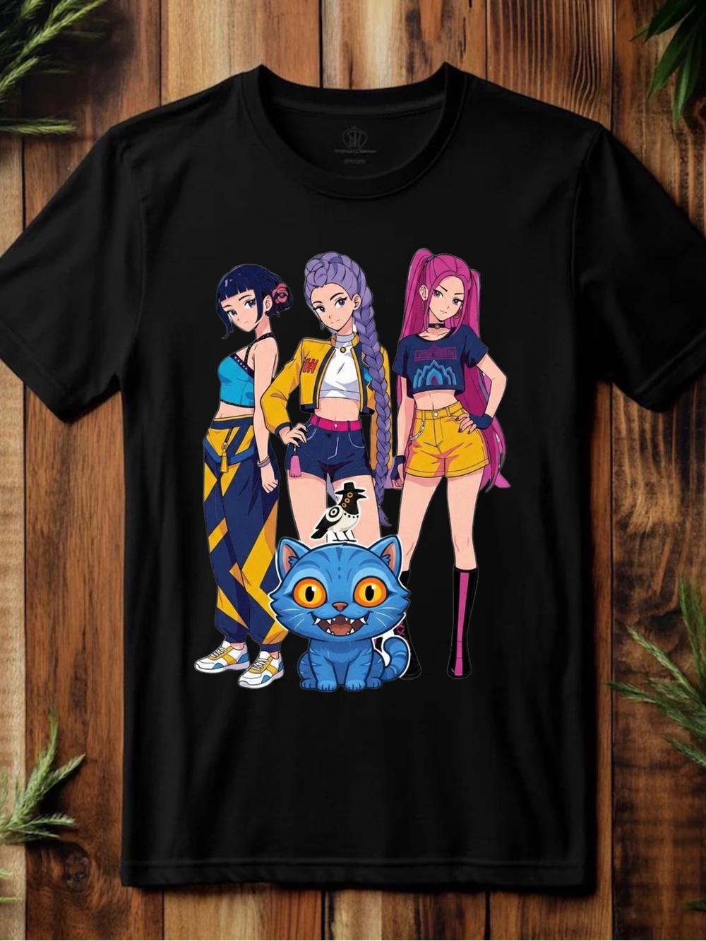 Black Graphic Tee with Anime Girls & Blue Cat